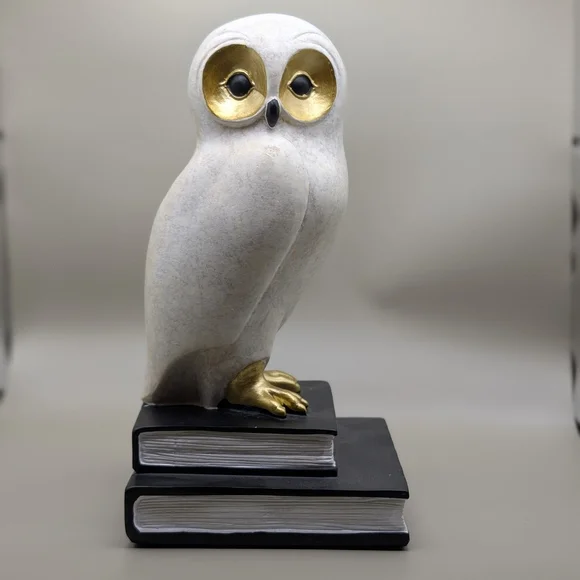 Elegant Gold and White Owl Sculpture on Books - Picture 1 of 5